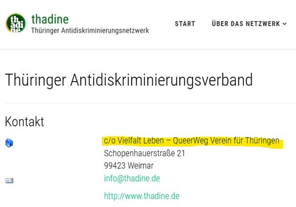 Am 7. Dezember 2019 ist auf der Kontaktseite von Thadine die Anschrift des Vereins QueerWeg angegeben (Screenshot: archive.org)