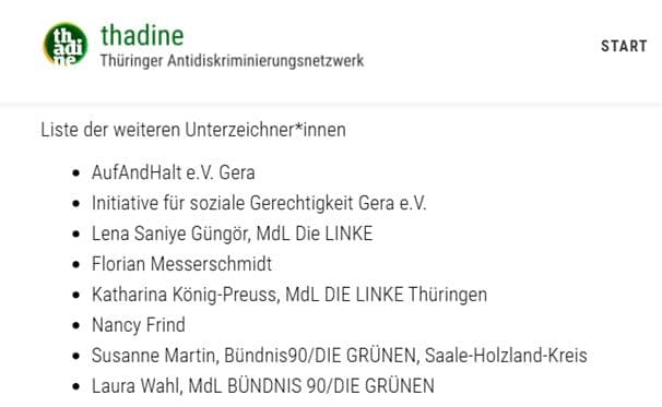 Unterzeichner des „Offenen Briefes an die Eisenberger Bürger*innen“ vom 20. August 2021. Hinter dem Namen der Thadine-Vorständin Nancy Frind findet sich kein Hinweis auf ihre Verbindung zur Partei Die Linke. (Screenshot: thadine.de)