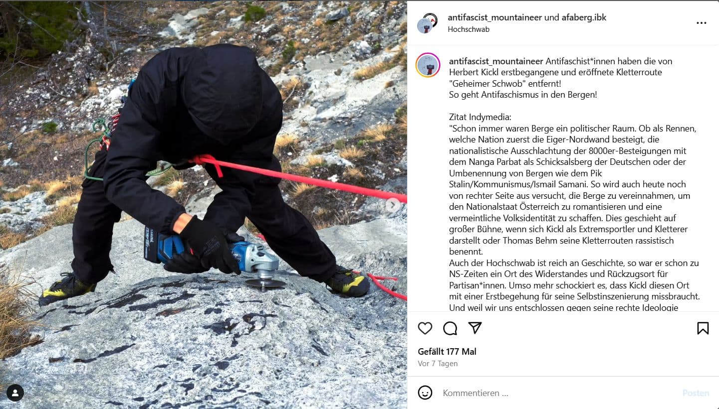 Ein Bild auf dem Instagram-Account von "antifascist_mountaineer" zeigt, wie die Sicherungshaken abgeflext werden. © Screenshot: Instagram