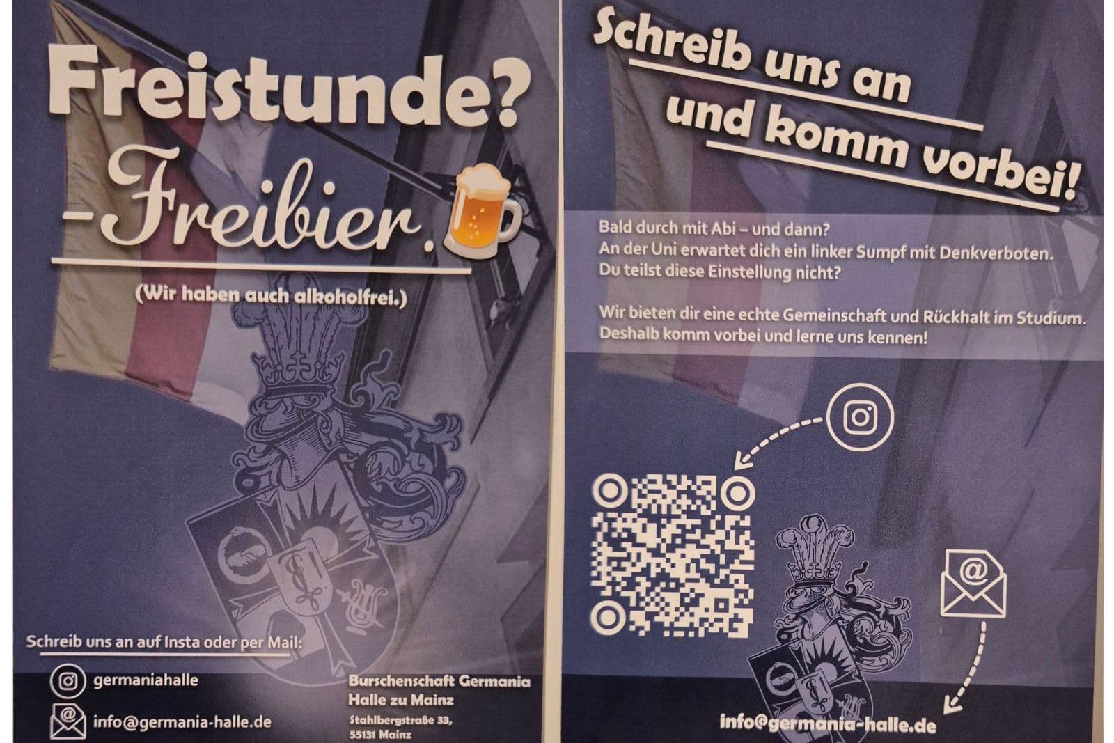Die Vorder- und Rückseite des besagten Flyers. © B! Germania Halle zu Mainz