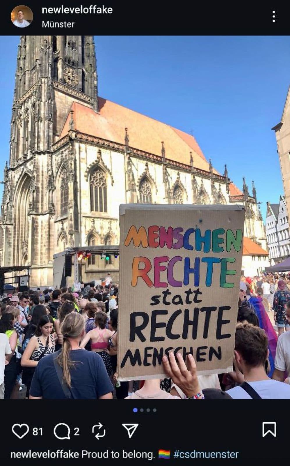 Albrecht teilte auf seinem Instagram-Profil auch ein Bild von der CSD-Parade in Münster, an der er im August 2024 offenbar teilnahm. Screenshot: Instagram / newleveloffake.