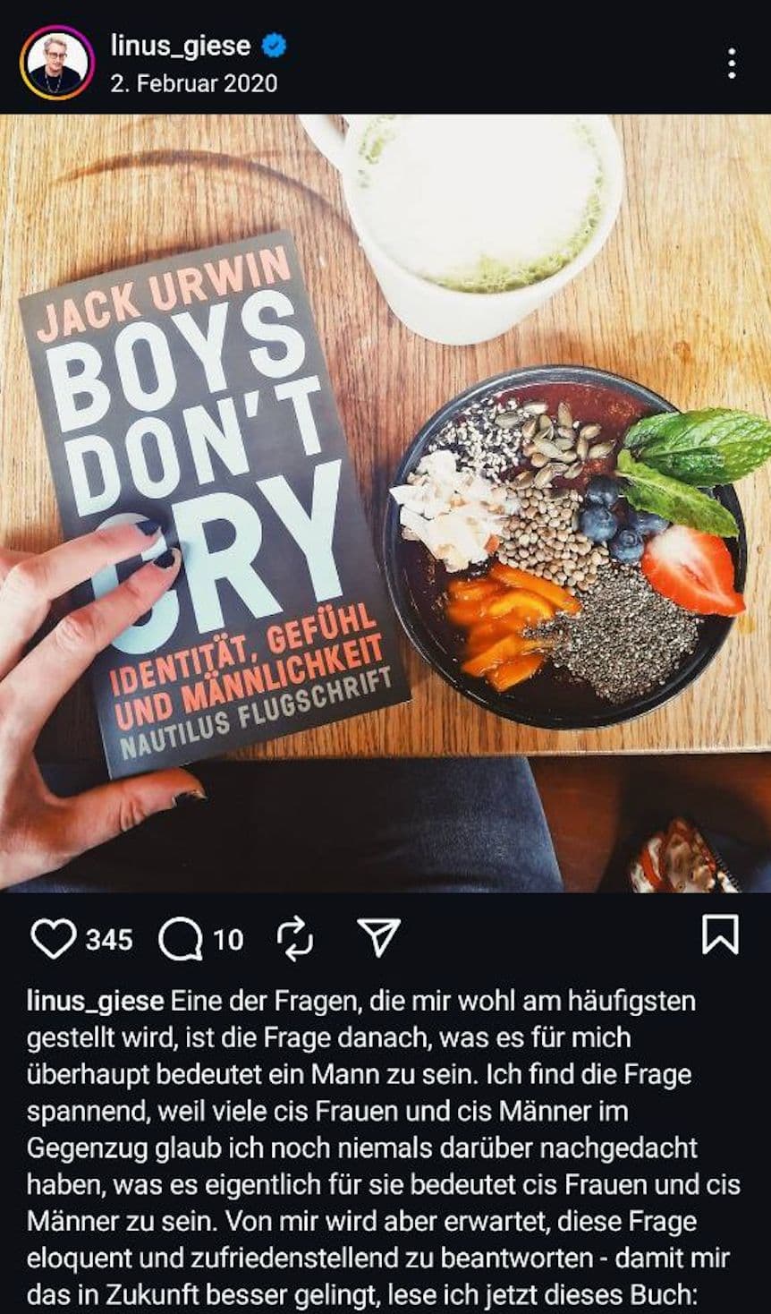 Das Buch Boys Don’t Cry erschien im Edition Nautilus Verlag, der in diesem Jahr zu den Preisträgern des Deutschen Verlagspreises zählt. Screenshot: Instagram / linus_giese.