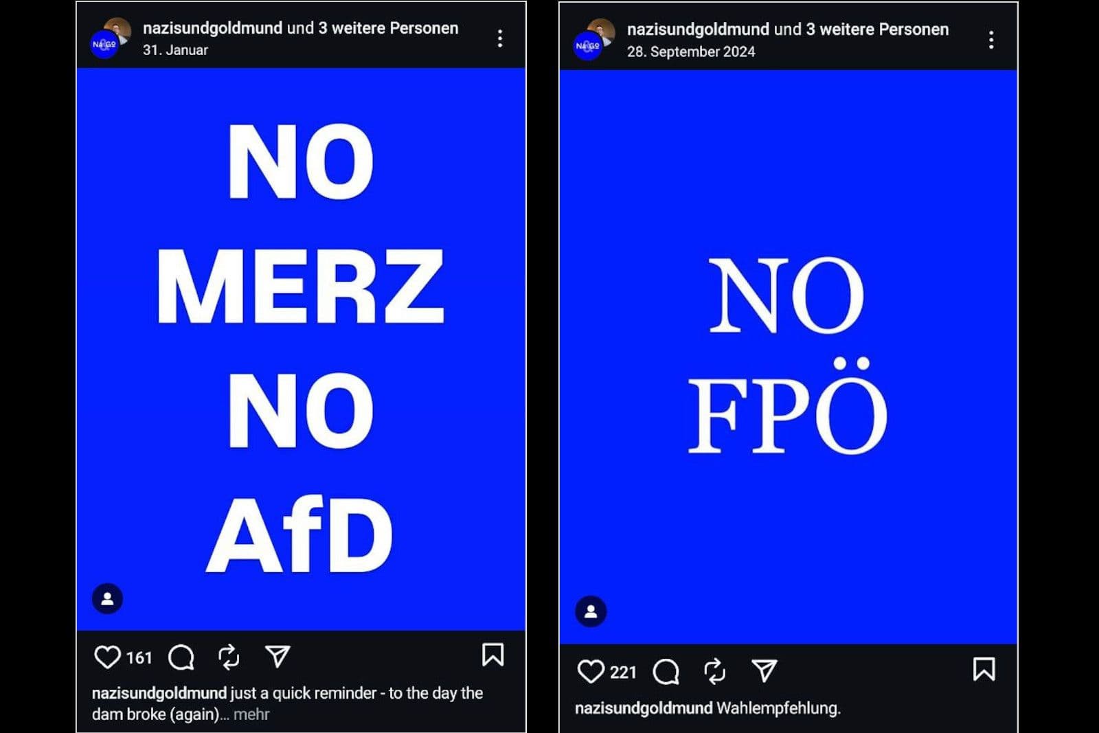 Beim Durchscrollen durch das Instagram-Profil von Jörg Albrecht springen diese beiden Beiträge einem unweigerlich sofort ins Auge. Screenshot: Instagram / nazisundgoldmund.