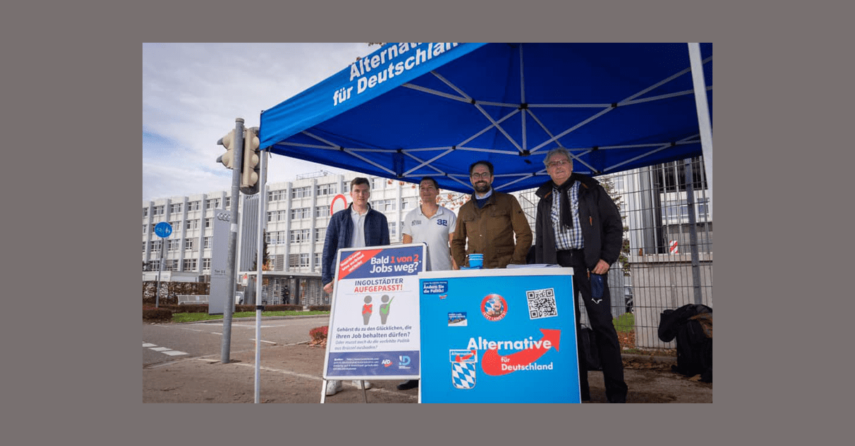 Gehypte E-Mobilität: AfD-Infostand vor den Werkstoren von Audi