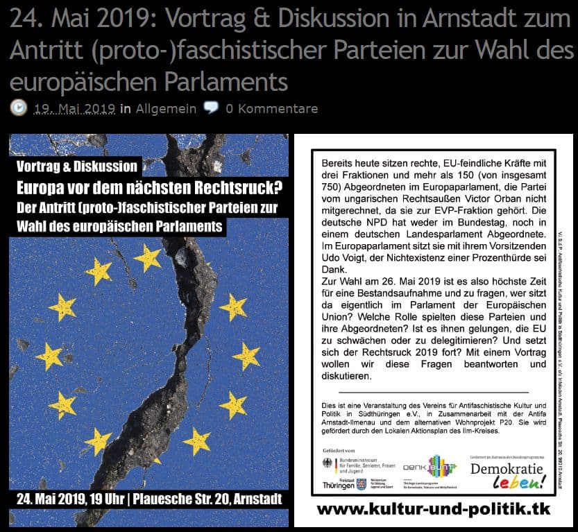 Abbildung 3: Der mutmaßlich gemeinnützige Verein Antifaschistische Kultur und Politik in Südthüringen e.V. agitiert im EU-Wahlkampf von 2019 gegen rechte Parteien.
© Screenshot / www.kulturundpolitik.blogsport.de