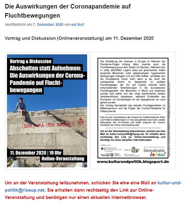 Abb. 6: Das Land Thüringen bewirbt eine Veranstaltung des Vereins Antifaschistische Kultur und Politik in Südthüringen e.V.
© Screenshot / www.lap-ilmkreis.de