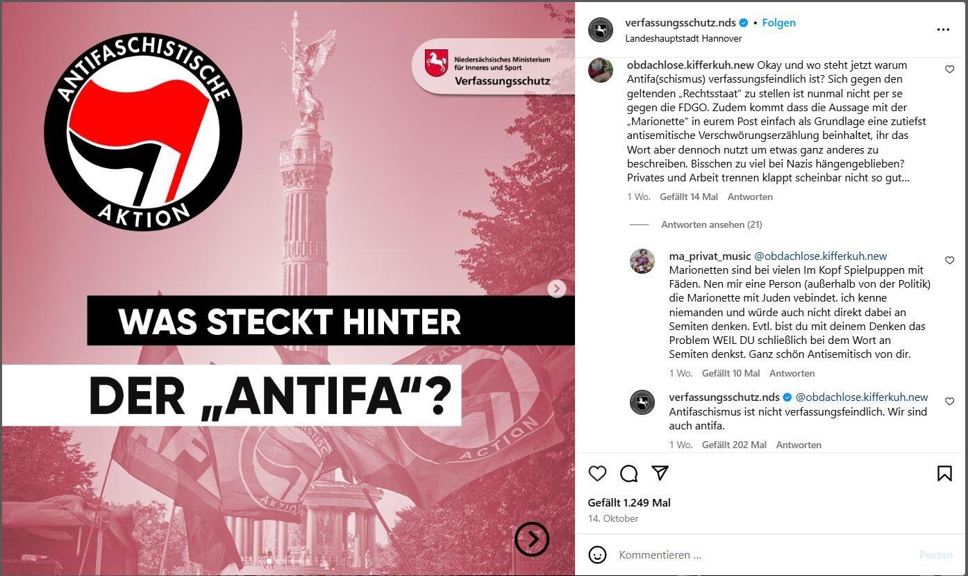 In dem Screenshot ist der Kommentar „Wir sind auch antifa“ zu sehen. © Screenshot Instagram