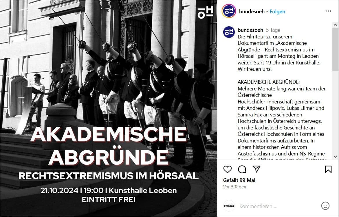 In der Ankündigungsgrafik sind der Rektor gemeinsam mit Professoren und Studenten vor dem Eingang des Hauptgebäudes der Universität zu sehen. © Screenshot Instagram.