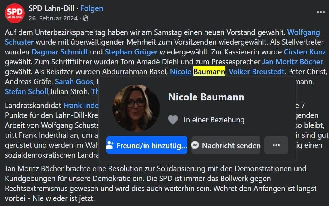 Auf dem Screenshot ist zu sehen, dass Baumann in einem Facebook-Beitrag der SPD Lahn-Dill markiert wurde. Dort hat sie das gleiche Profilbild wie auf X. Screenshot: Facebook.