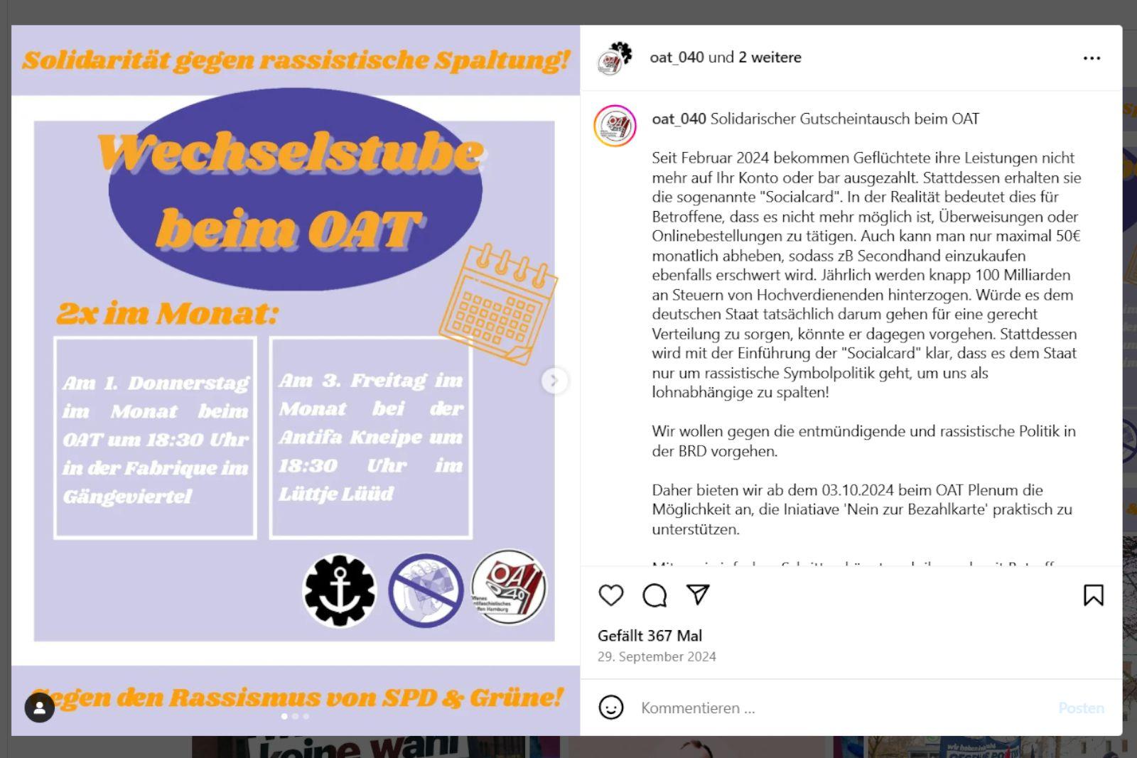 Screenshot Instagram: Offenes Antifa Treffen Hamburg